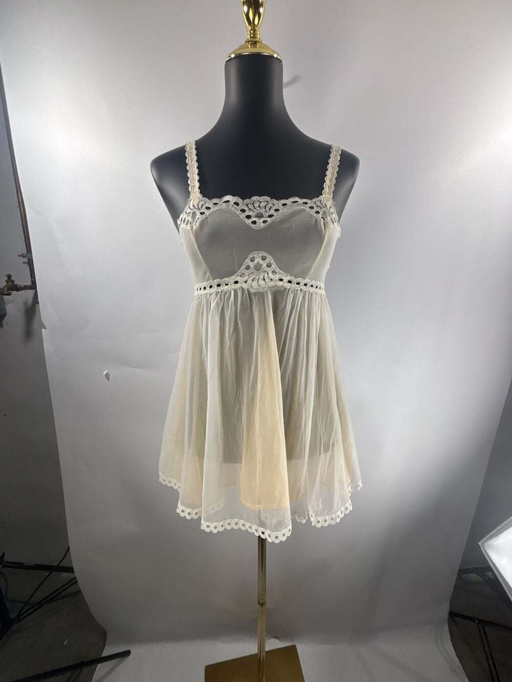 Vintage White Sheer Lace Trim Babydoll Slip Dress